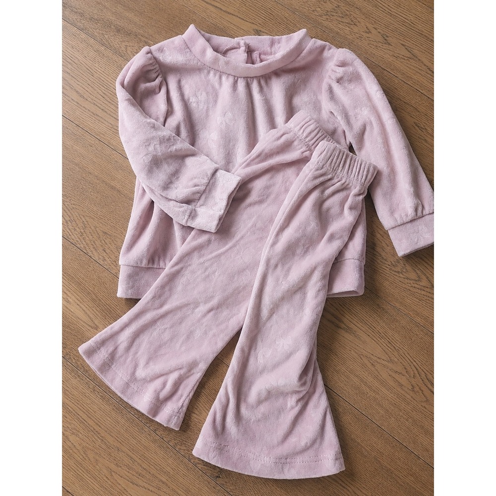 Little Lass Baby Girls Pink Velour bow detail Top and Flare Pants Set 3/6M